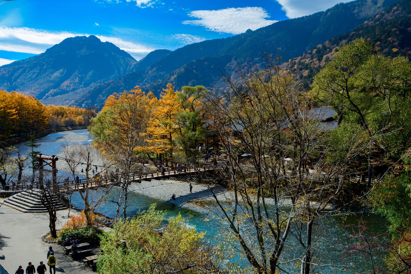 Kappa Bridge, Kamikochi's famous wooden suspension bridge, in autumn color