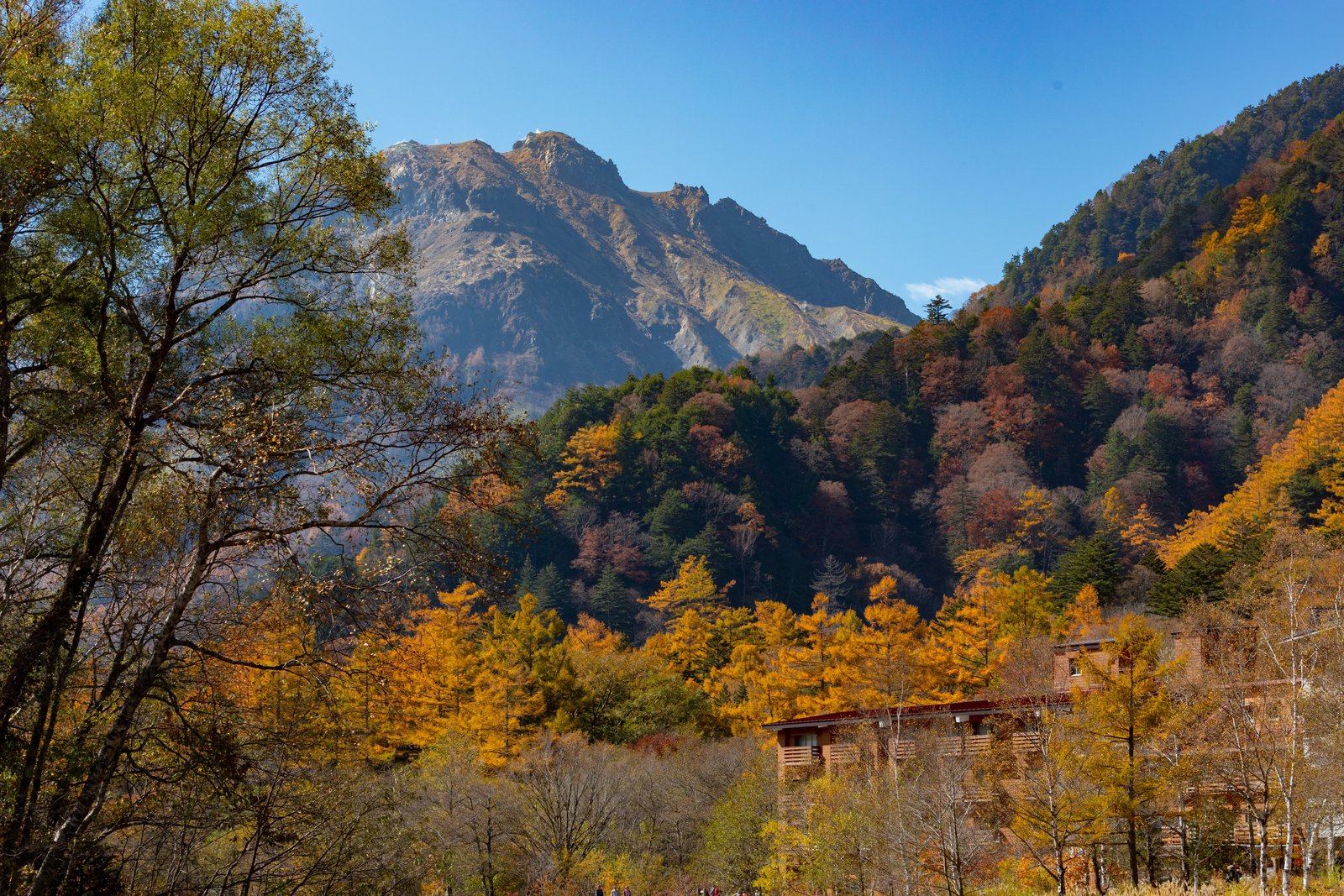 Autumn foliage below a rocky peak near the Weston Monument area of Kamikochi