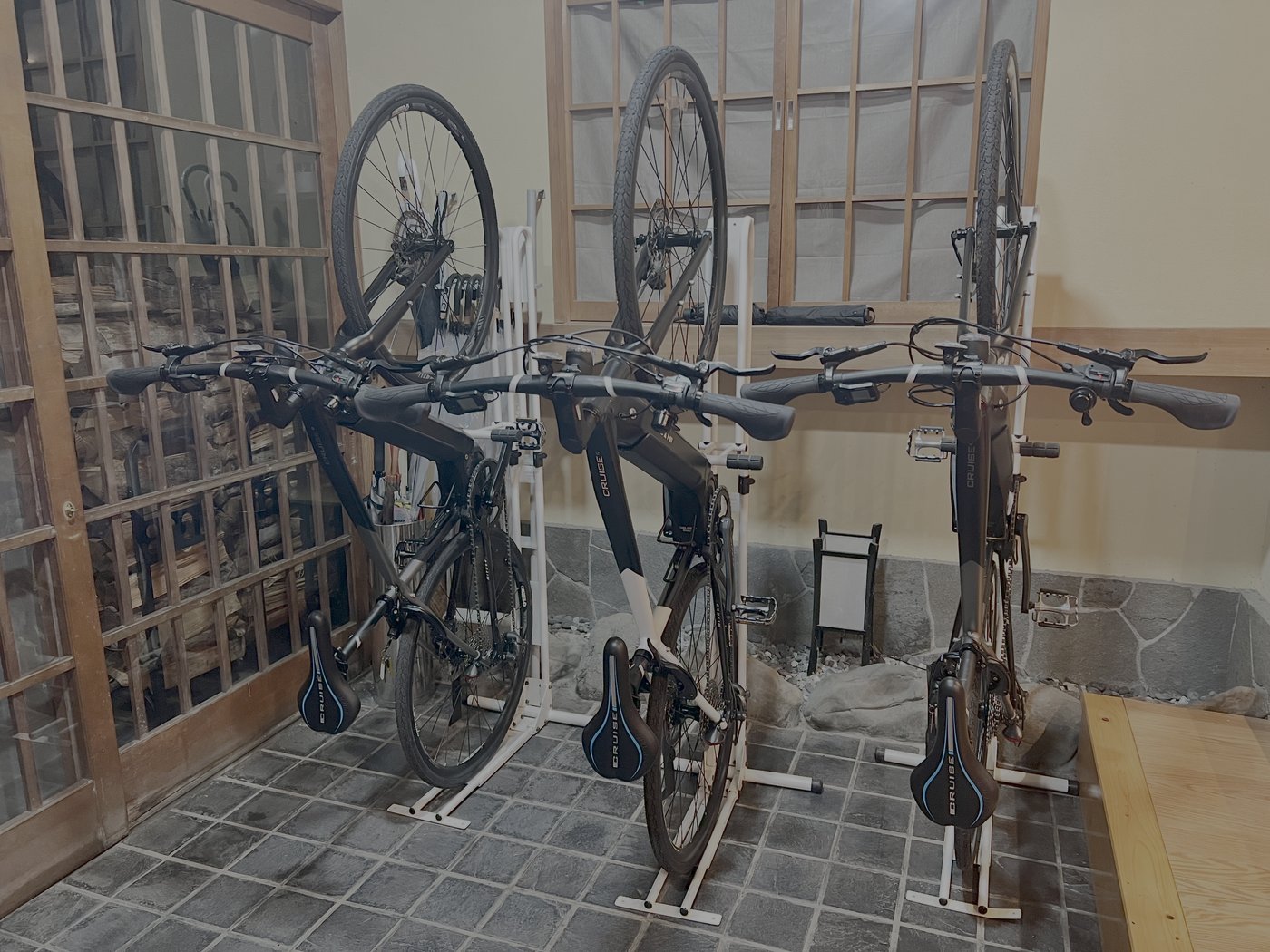 Three e-bikes racked and ready to rent in the hotel's entrance hall