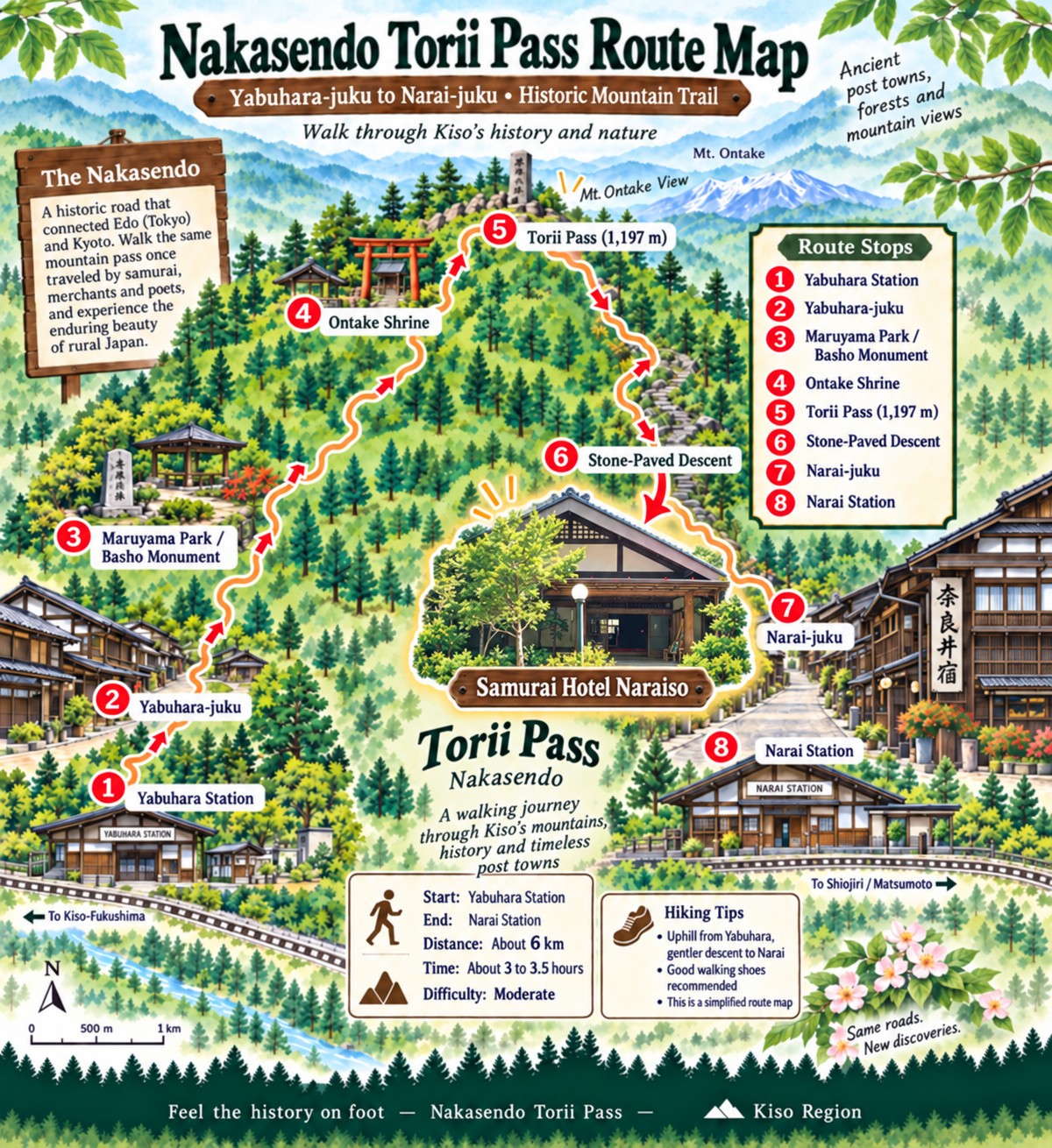 Illustrated map of the Nakasendo Torii Pass walking route from Yabuhara Station to Narai Station, with Samurai Hotel Narai-so marked partway along the descent