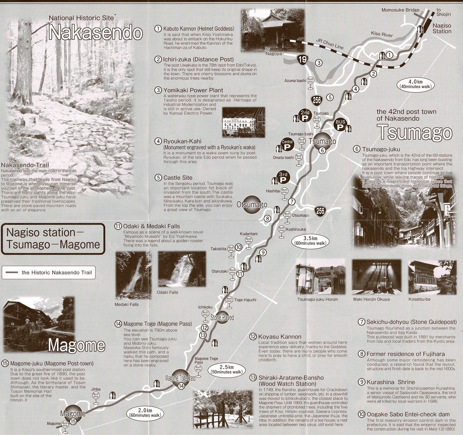 Map of the Nakasendo Trail between Nagiso Station, Tsumago-juku, and Magome-juku, with numbered points of interest