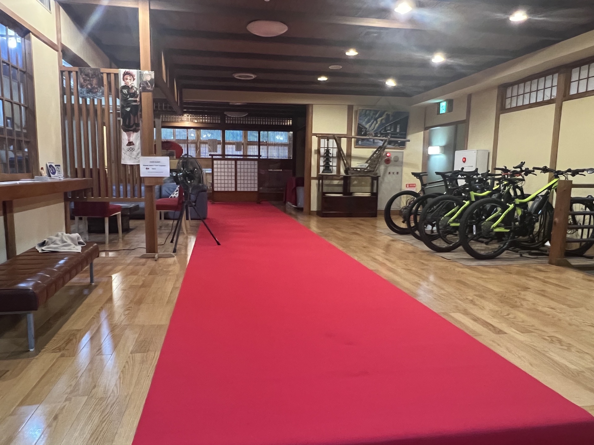 E-bikes lined up in the entrance hall, ready to rent